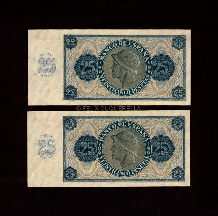 Pareja correlativa 25 pesetas 1936, serie A, S/C- reverso
