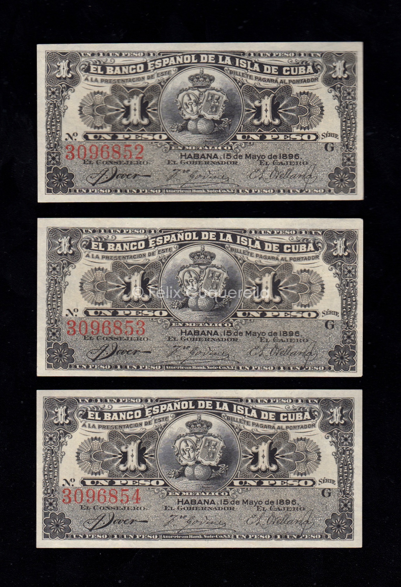 Trío correlativo 1 Peso 1896, S/C, P.47a . Trío correlativo 1 Peso 1896, S/C, P.47a .