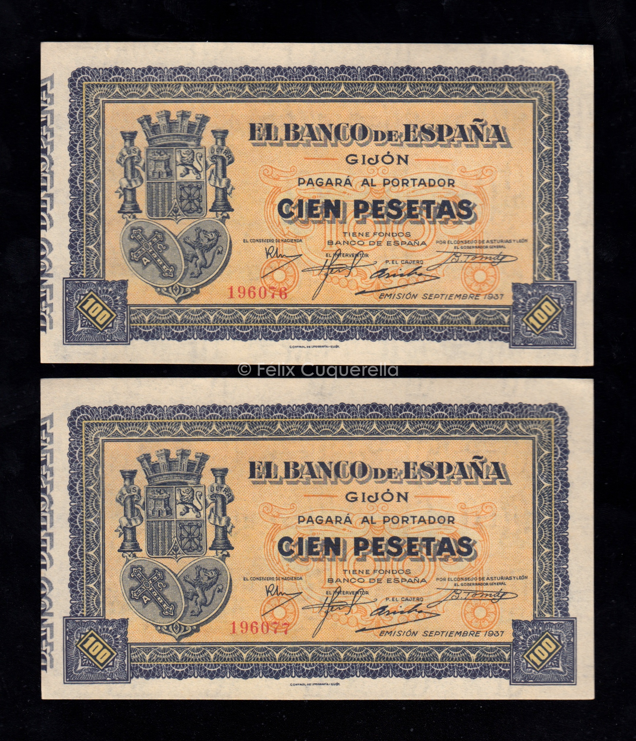Banco de Gijón 1937, pareja correlativa 100 pesetas, S/C- Banco de Gijón 1937, pareja correlativa 100 pesetas, S/C-