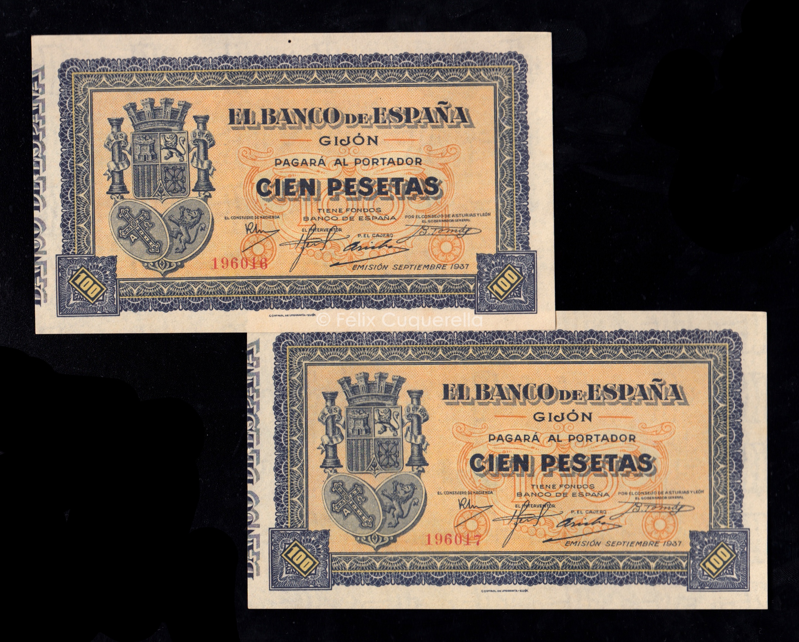 Banco de Gijón 1937, pareja correlativa 100 pesetas, S/C- Banco de Gijón 1937, pareja correlativa 100 pesetas, S/C-