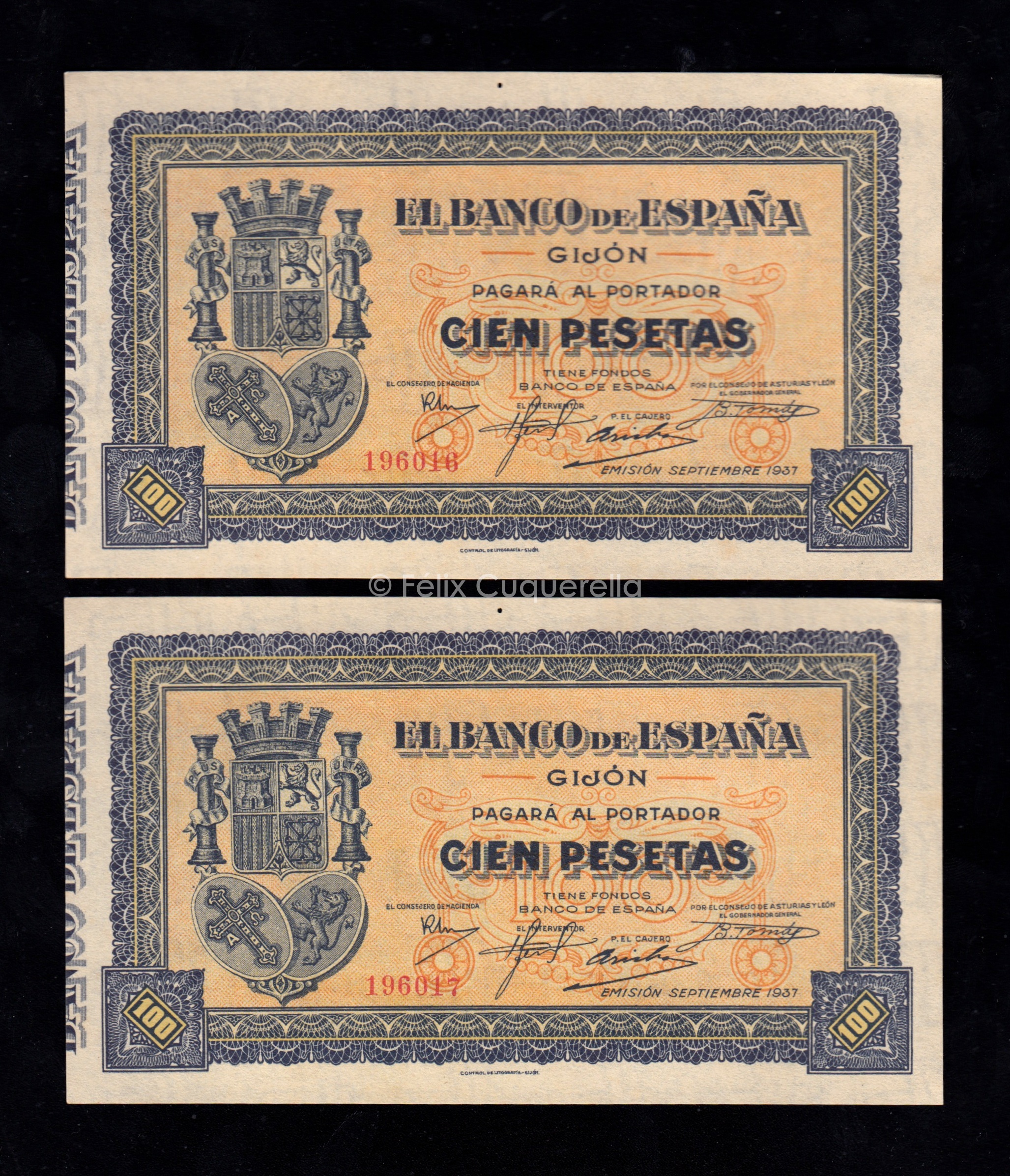 Banco de Gijón 1937, pareja correlativa 100 pesetas, S/C- Banco de Gijón 1937, pareja correlativa 100 pesetas, S/C-