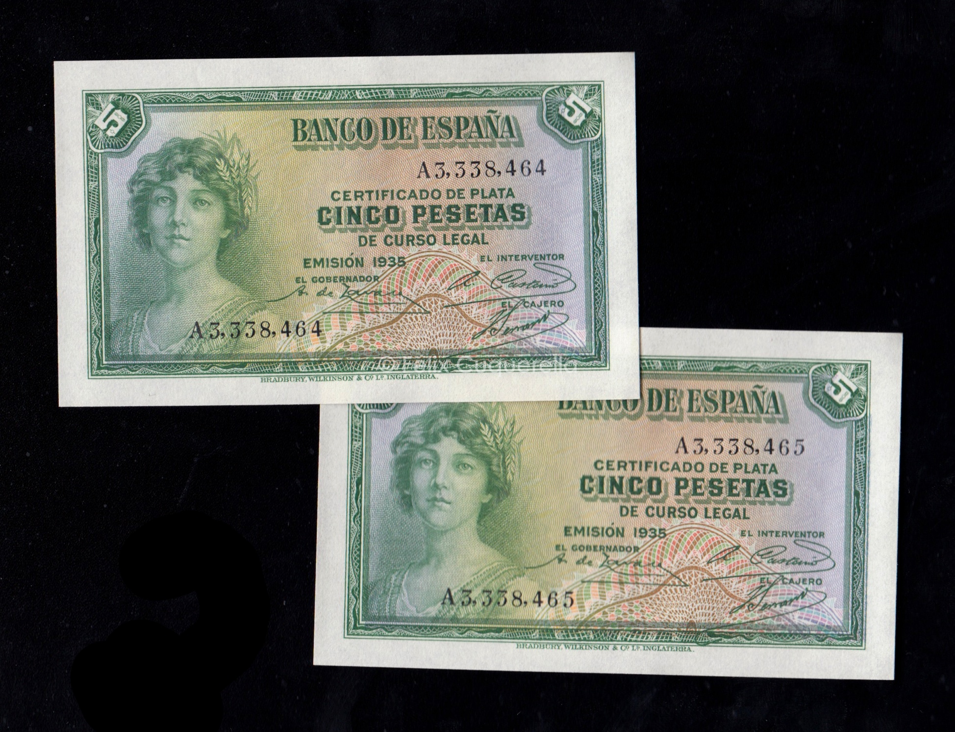 Pareja correlativa 5 Pesetas 1935, serie A, S/C-