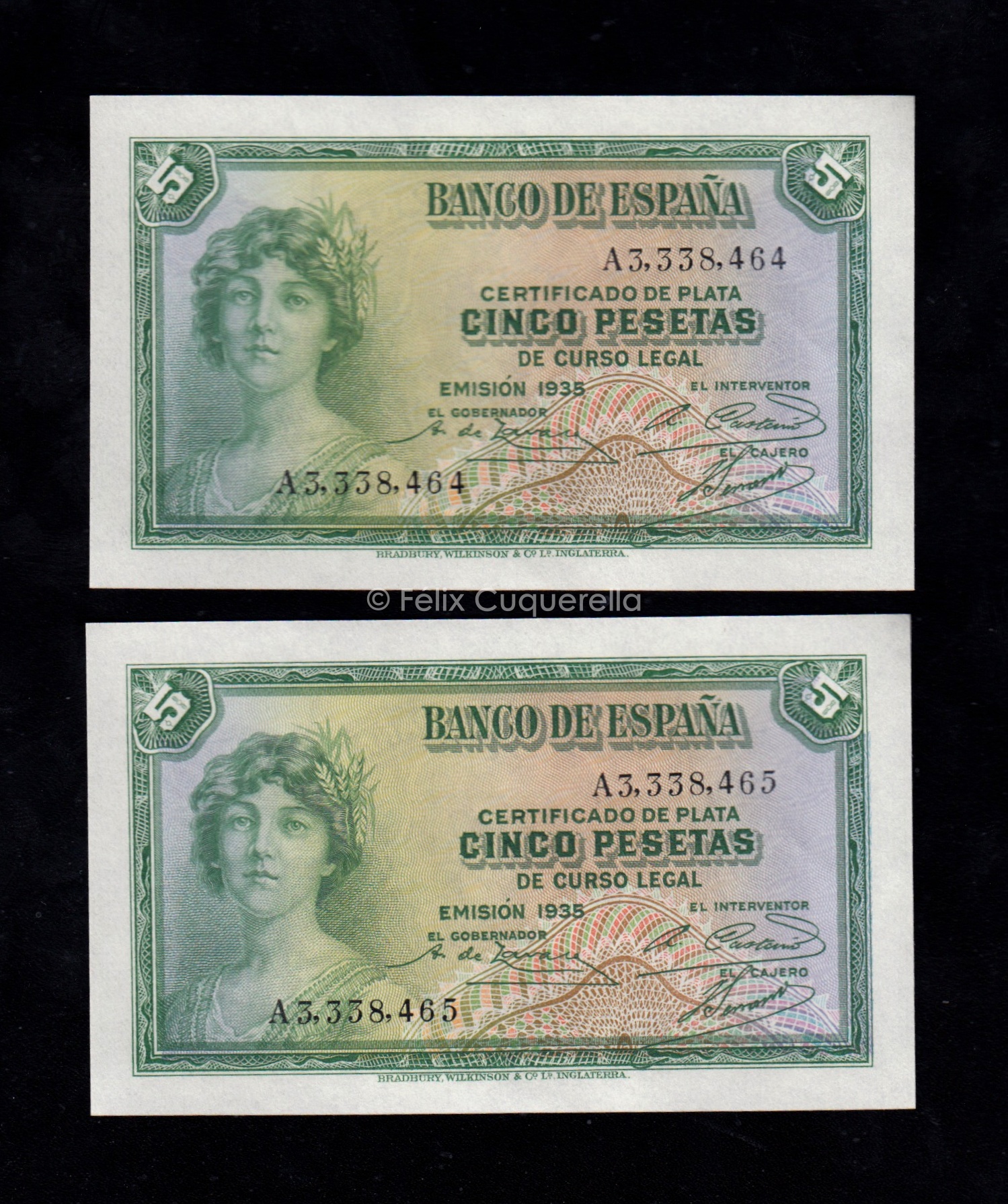 Pareja correlativa 5 Pesetas 1935, serie A, S/C- Pareja correlativa 5 Pesetas 1935, serie A, S/C-