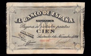Banco de Santander 1936, 100 pesetas, MBC-, reparaciones