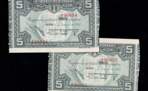 Banco de Bilbao 1937, pareja correlativa 5 pesetas, sin serie, S/C-, caja de ahorros y monte de piedad de Bilbao