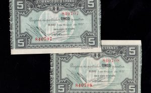 Banco de Bilbao 1937, pareja correlativa 5 pesetas, sin serie, S/C-, banco de Vizcaya