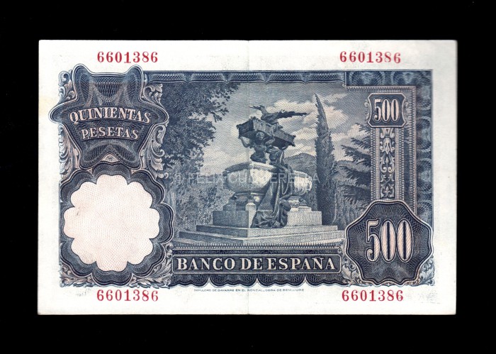 500 Pesetas 1951, sin serie, EBC-, doblez muy marcado reverso 500 Pesetas 1951, sin serie, EBC-, doblez muy marcado reverso