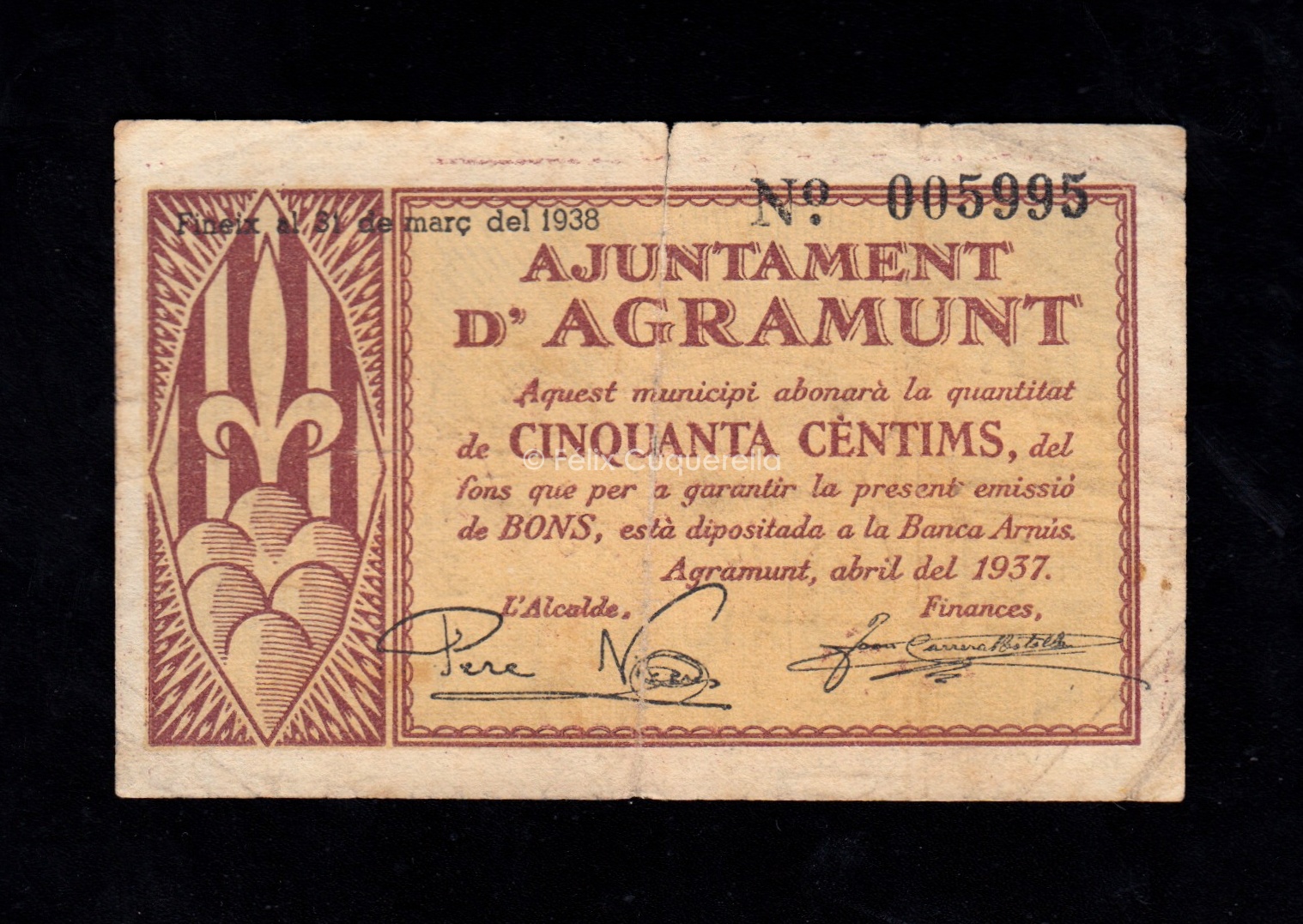Agramunt (Lérida), 50 céntimos 1937, MBC- Agramunt (Lérida), 50 céntimos 1937, MBC-