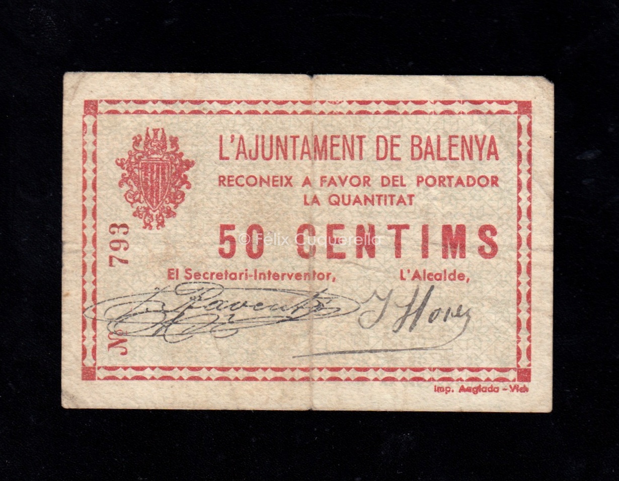 Balenya (Barcelona), 50 céntimos, MBC- Balenya (Barcelona), 50 céntimos, MBC-