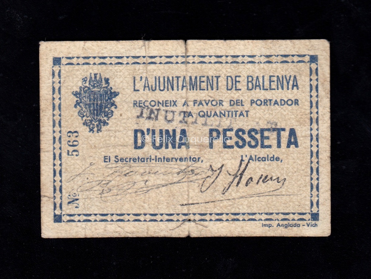 Balenya (Barcelona), 1 peseta, B/C+ Balenya (Barcelona), 1 peseta, B/C+