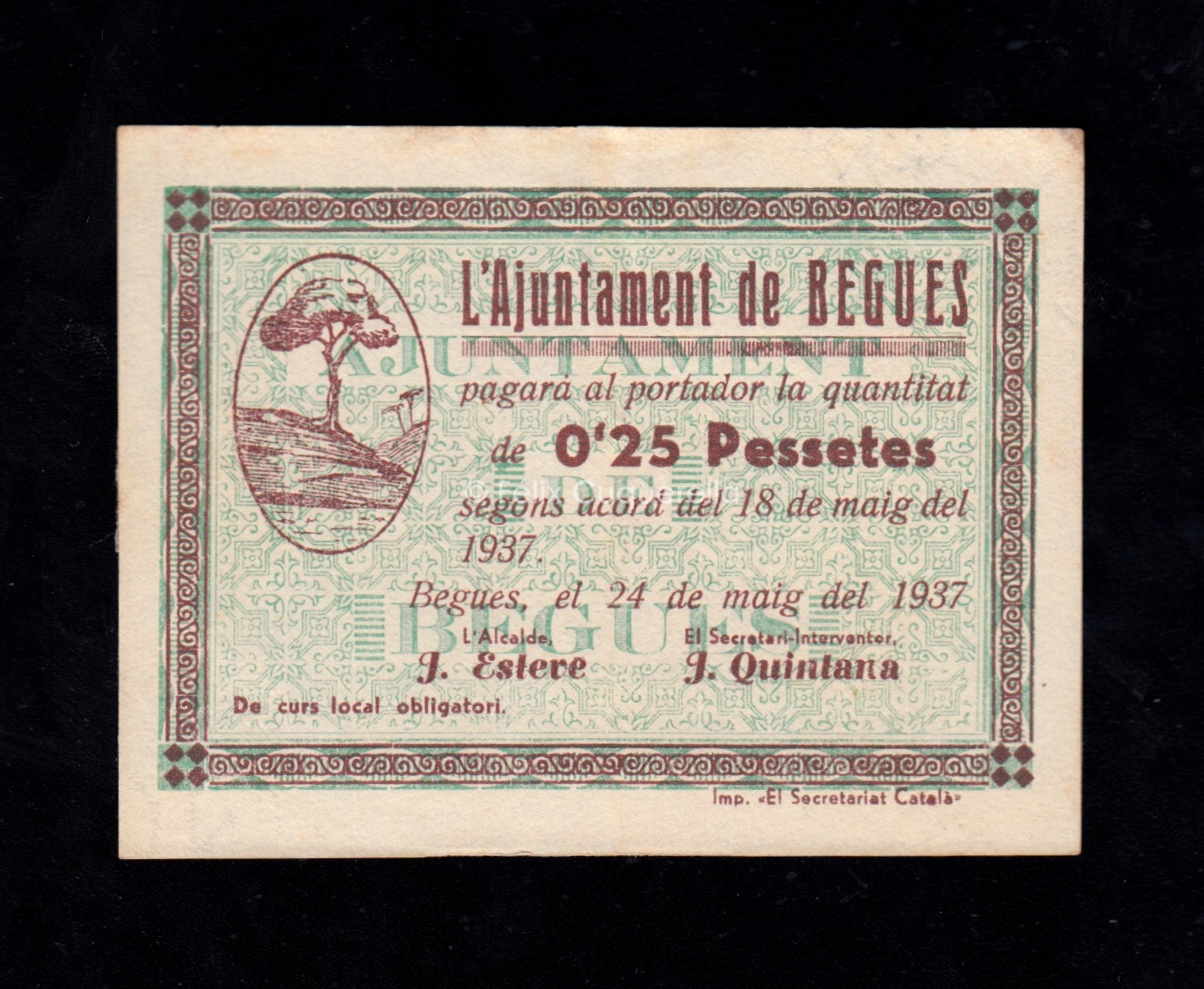 Begues (Barcelona), 25 céntimos 1937, S/C- Begues (Barcelona), 25 céntimos 1937, S/C-