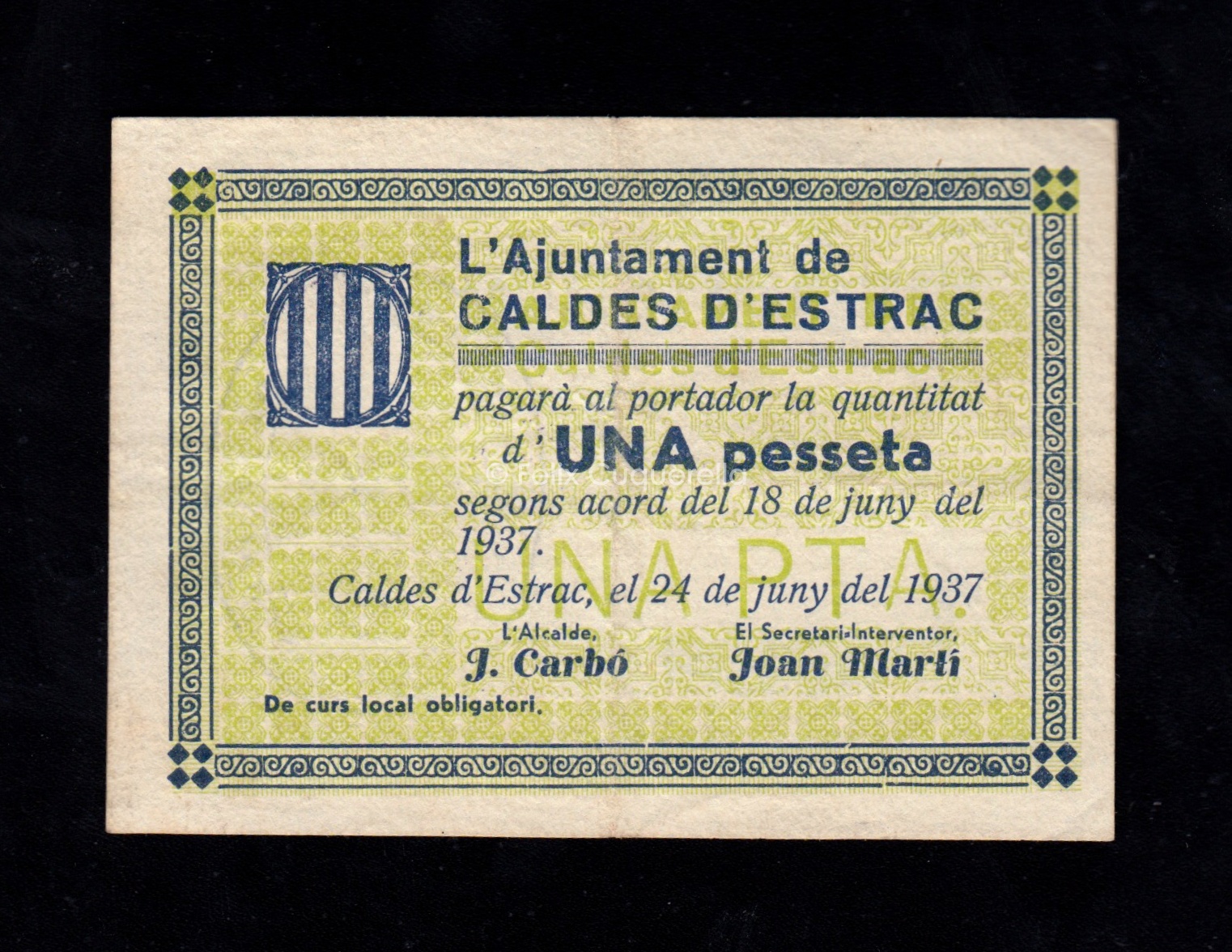 Caldes d'Estrac (Barcelona), 1 peseta 1937, MBC Caldes d'Estrac (Barcelona), 1 peseta 1937, MBC