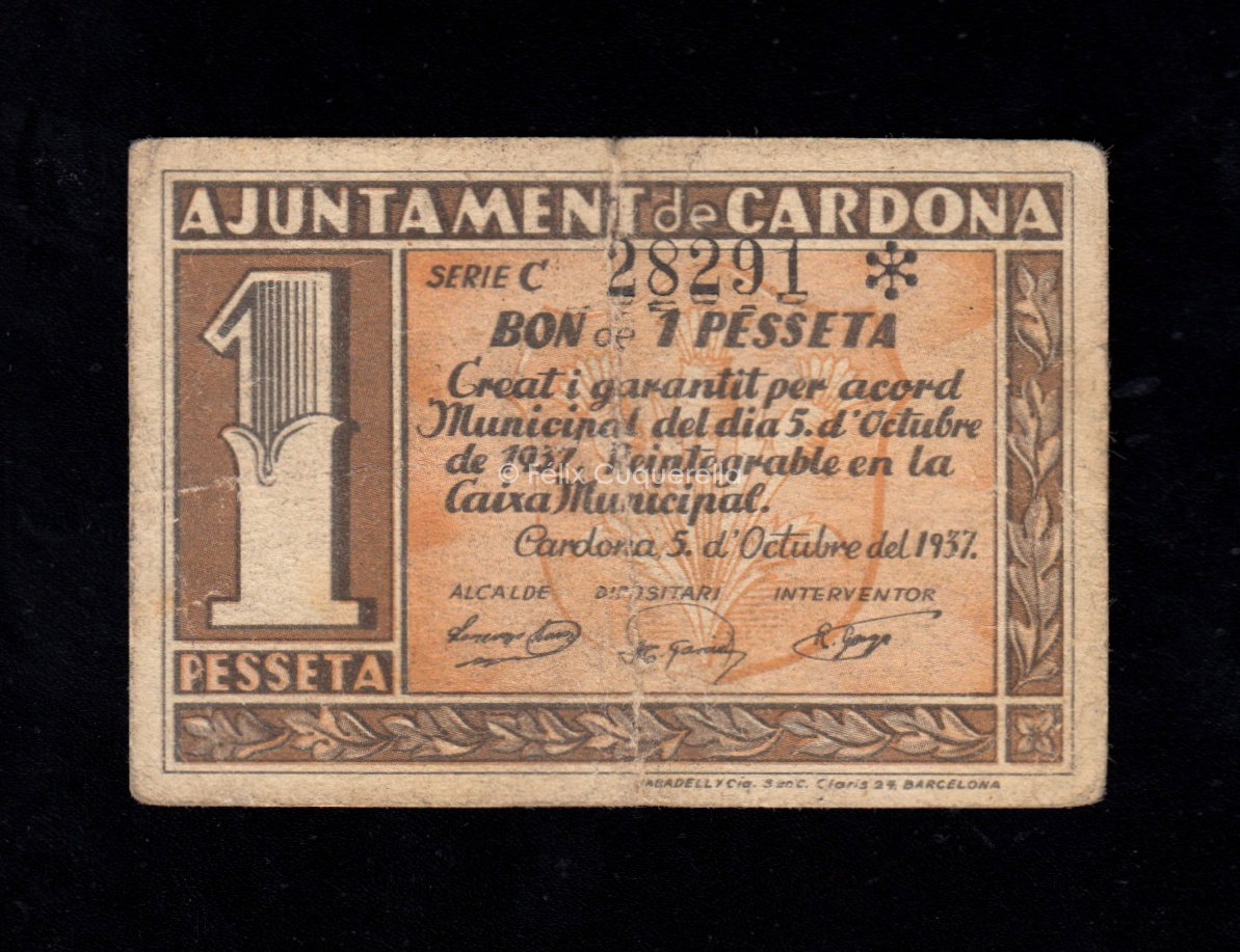 Cardona (Barcelona), 1 peseta 1937, MBC- Cardona (Barcelona), 1 peseta 1937, MBC-