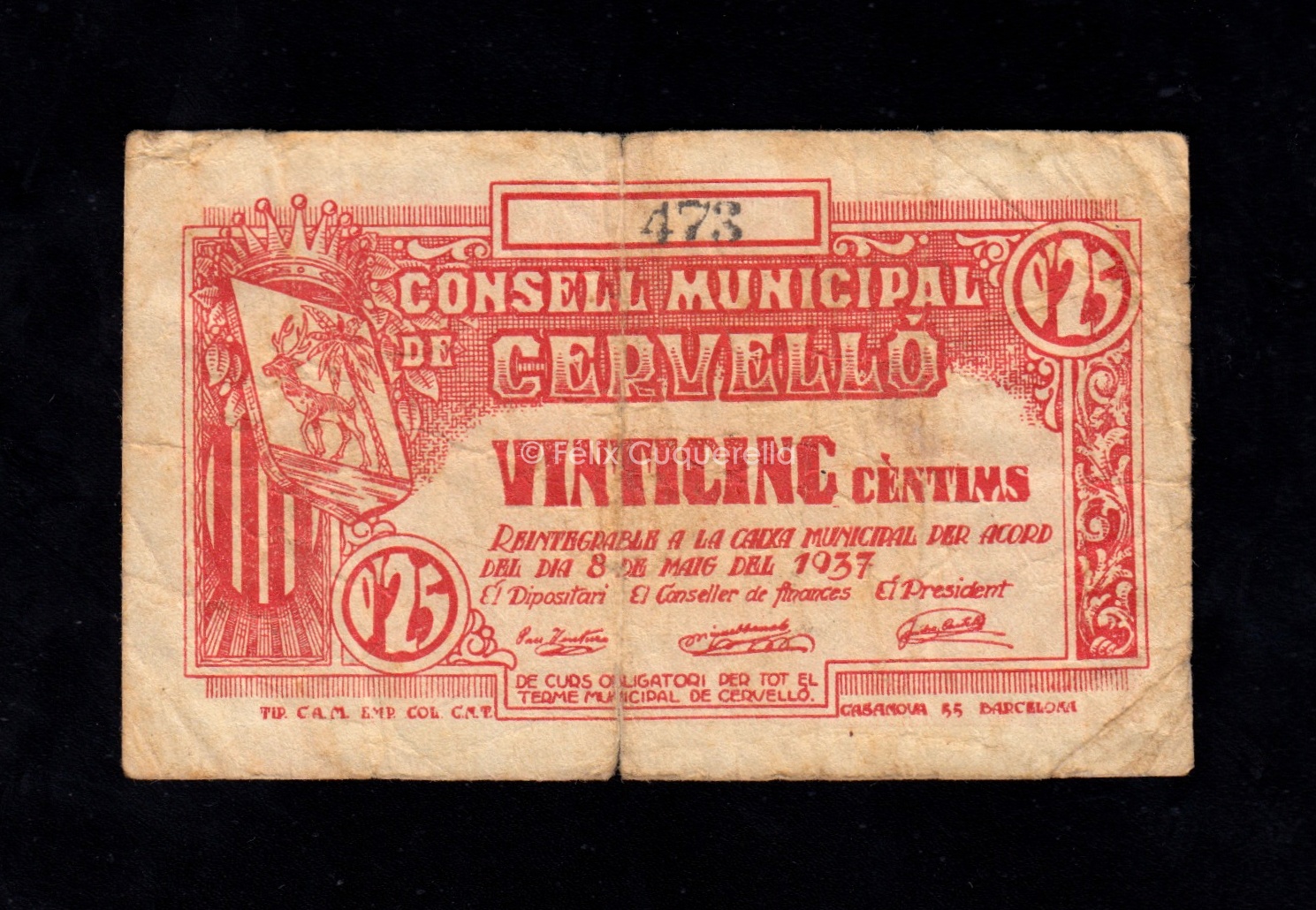 Cervelló (Barcelona), 25 céntimos 1937, B/C Cervelló (Barcelona), 25 céntimos 1937, B/C