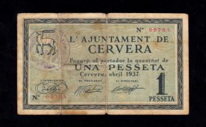 Cervera (Lérida), 1 peseta 1937, B/C+
