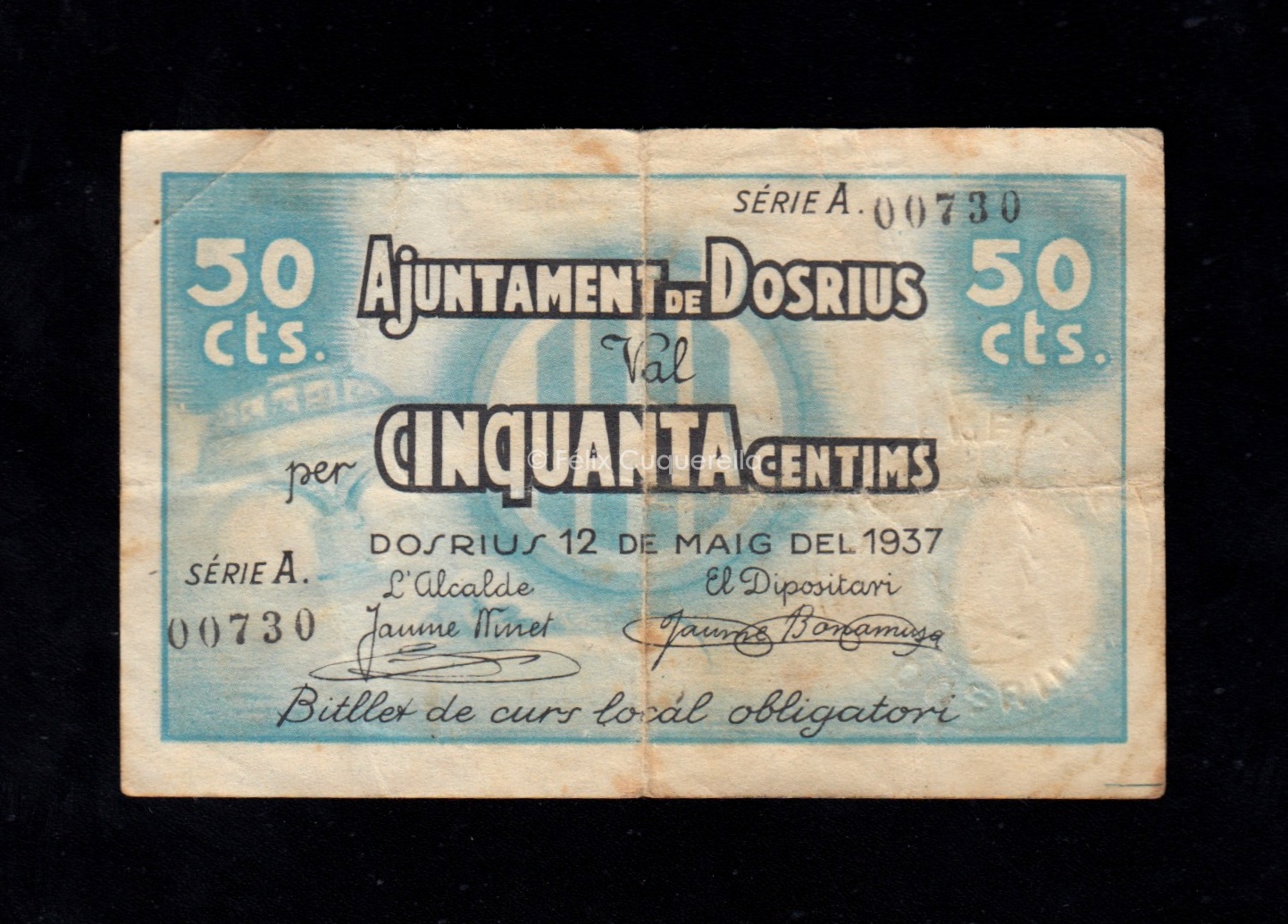 Dosrius (Barcelona), 50 céntimos 1937, B/C+ Dosrius (Barcelona), 50 céntimos 1937, B/C+