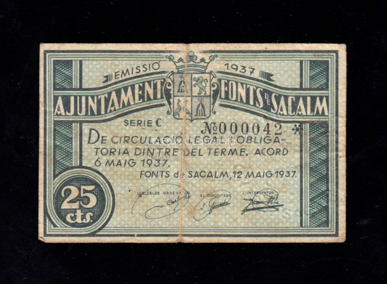 Fonts de Sacalm (Gerona), 25 céntimos 1937 , MBC- Fonts de Sacalm (Gerona), 25 céntimos 1937 , MBC-