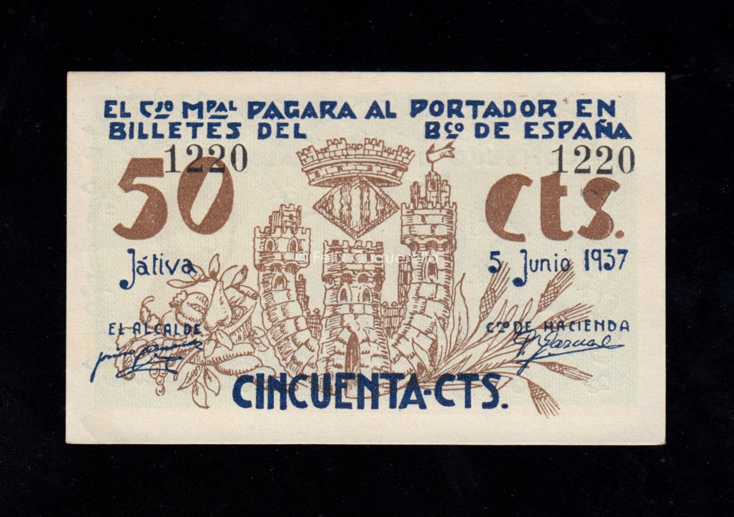 Játiva (Valencia), 50 céntimos 1937, S/C- Játiva (Valencia), 50 céntimos 1937, S/C-