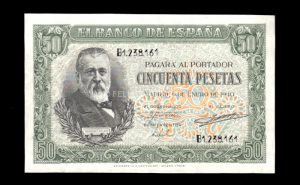 50 Pesetas 1940, serie B, EBC+, 2 puntos de aguja anverso