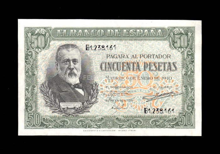 50 Pesetas 1940, serie B, EBC+, 2 puntos de aguja anverso 50 Pesetas 1940, serie B, EBC+, 2 puntos de aguja anverso