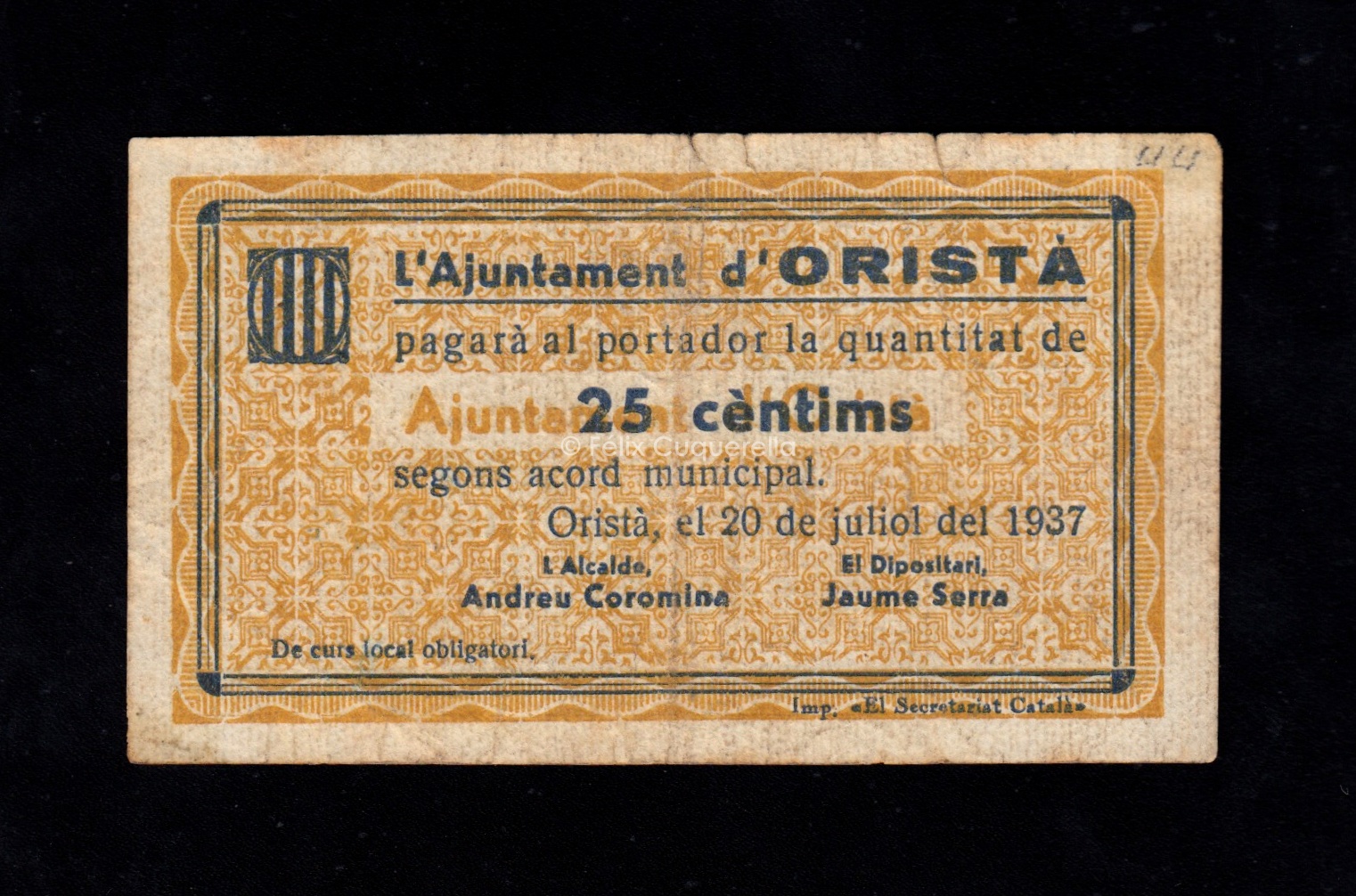 Orista (Barcelona), 25 céntimos 1937, MBC- Orista (Barcelona), 25 céntimos 1937, MBC-