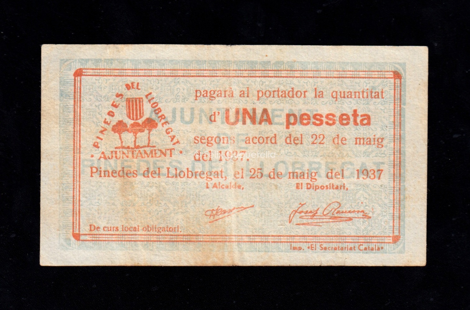 Pinedes del Llobregat (Barcelona), 1 peseta 1937, MBC Pinedes del Llobregat (Barcelona), 1 peseta 1937, MBC