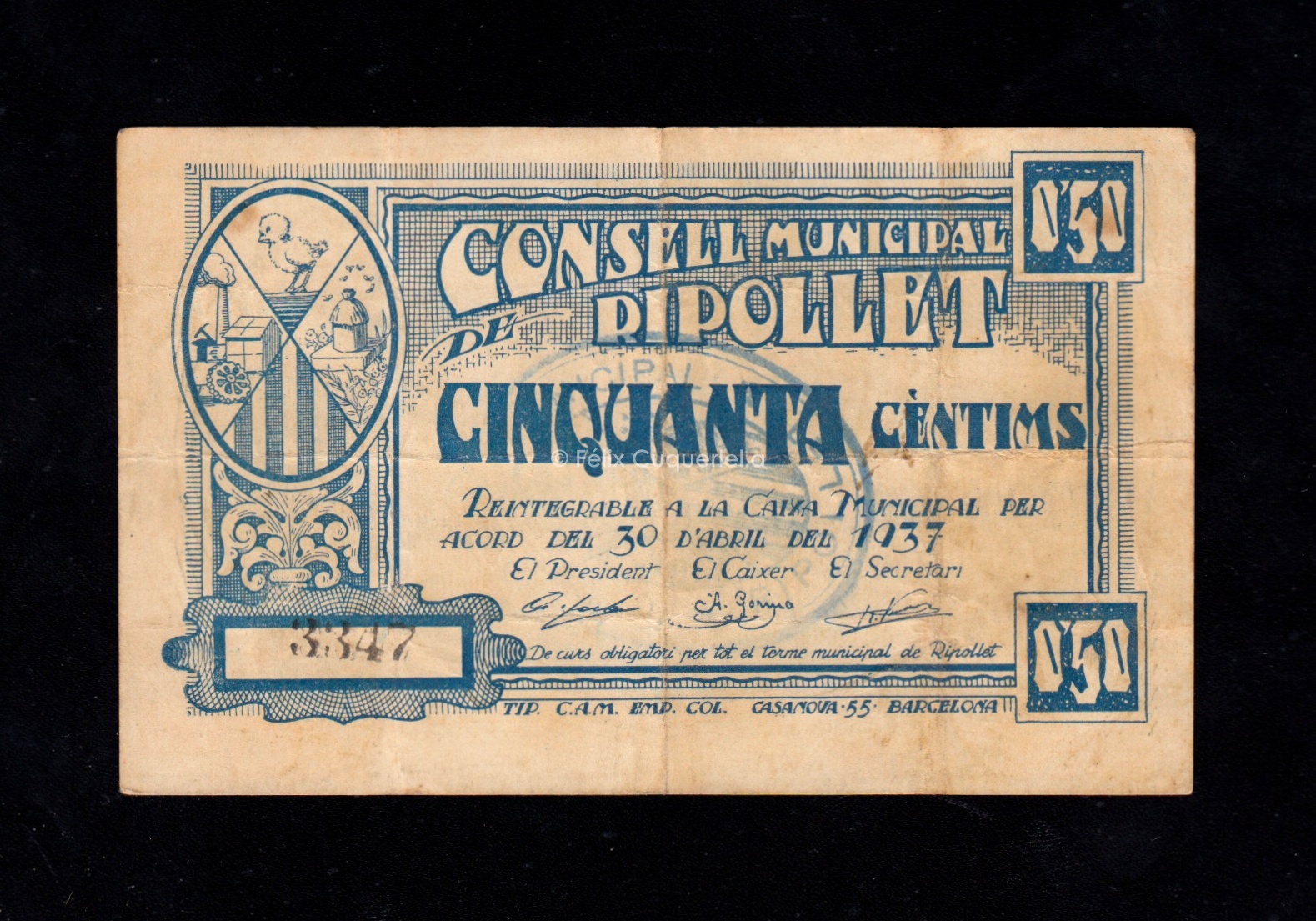 Ripollet (Barcelona), 50 céntimos 1937, MBC- Ripollet (Barcelona), 50 céntimos 1937, MBC-