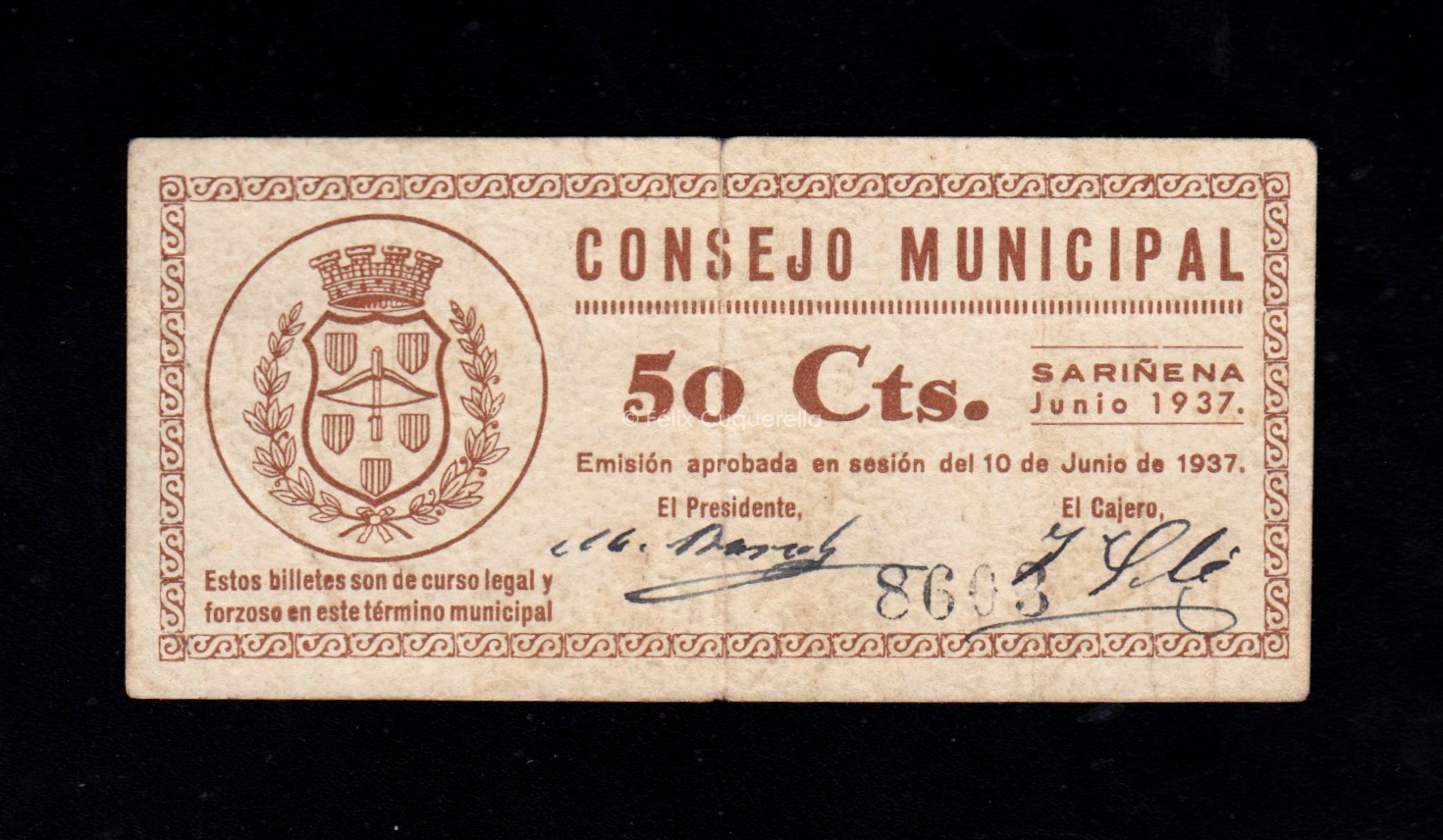 Sariñena (Huesca), 50 céntimos 1937, MBC- Sariñena (Huesca), 50 céntimos 1937, MBC-