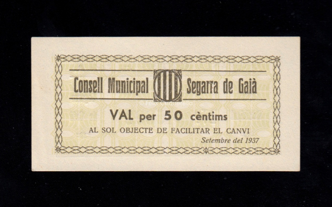 Segarra de Gaià (Lérida), 50 céntims 1937, S/C- Segarra de Gaià (Lérida), 50 céntims 1937, S/C-