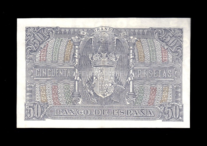 50 Pesetas 1940, serie B, EBC+, 2 puntos de aguja reverso 50 Pesetas 1940, serie B, EBC+, 2 puntos de aguja reverso