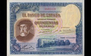 500 Pesetas 1935, sin serie, S/C-, marquita en esquina anverso