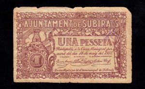 Subirats (Barcelona), 1 peseta 1937, B/C