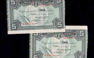 Banco de Bilbao 1937, pareja correlativa 5 pesetas, sin serie, S/C-, banco de Vizcaya