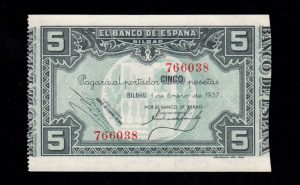 Banco de Bilbao 1937, 5 pesetas, sin serie, S/C-, banco de Bilbao