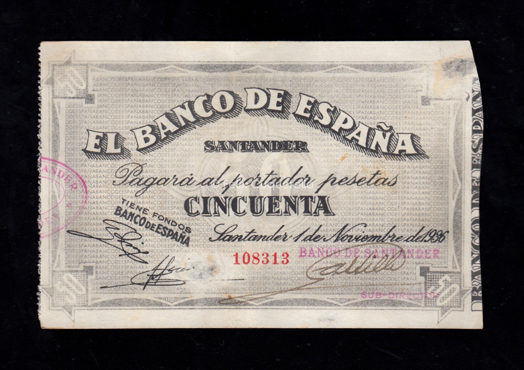 Banco de Santander 1936, 50 pesetas, EBC- Banco de Santander 1936, 50 pesetas, EBC-