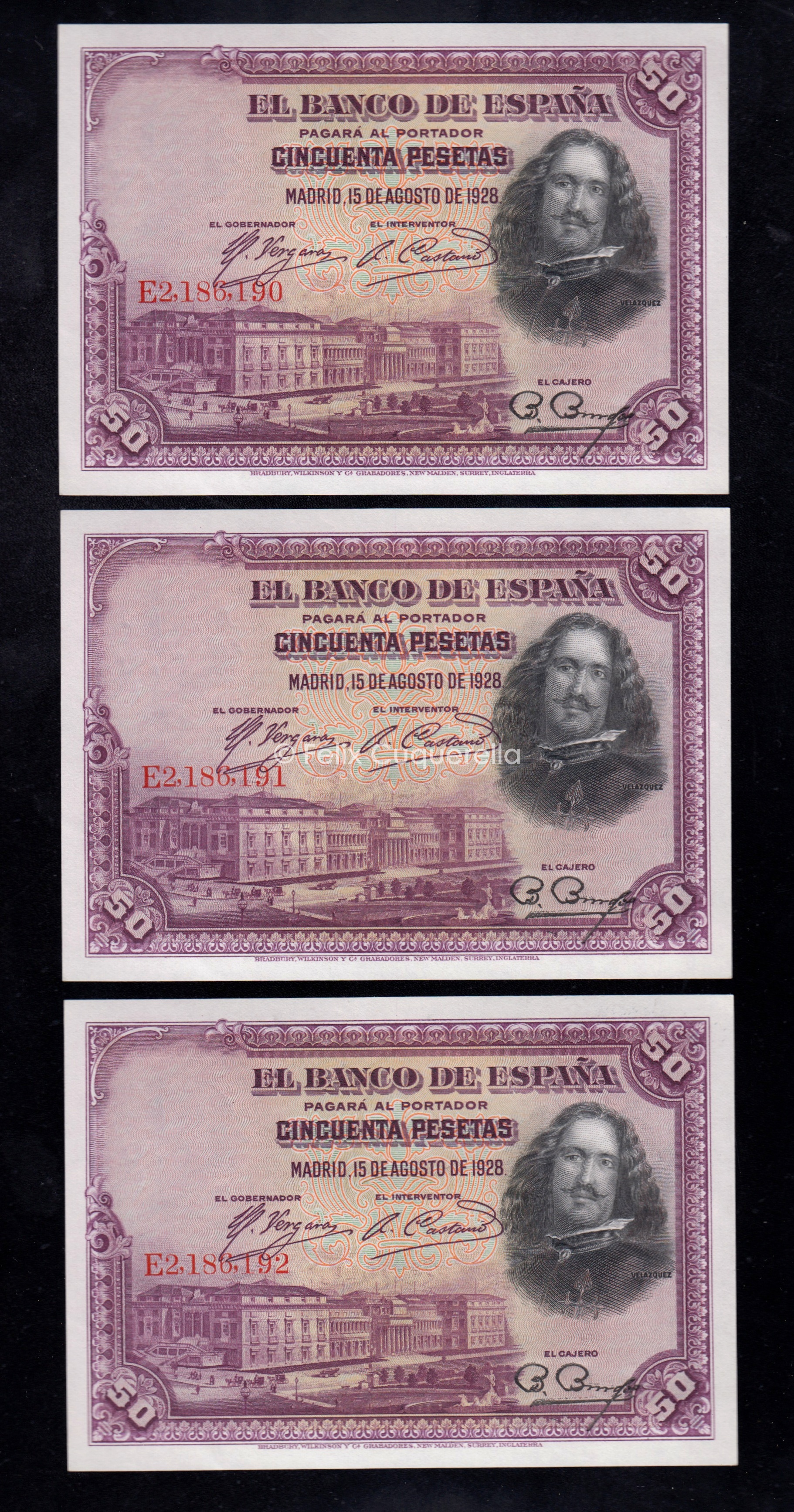 Trío correlativo 50 pesetas 1928, serie E, S/C- Trío correlativo 50 pesetas 1928, serie E, S/C-
