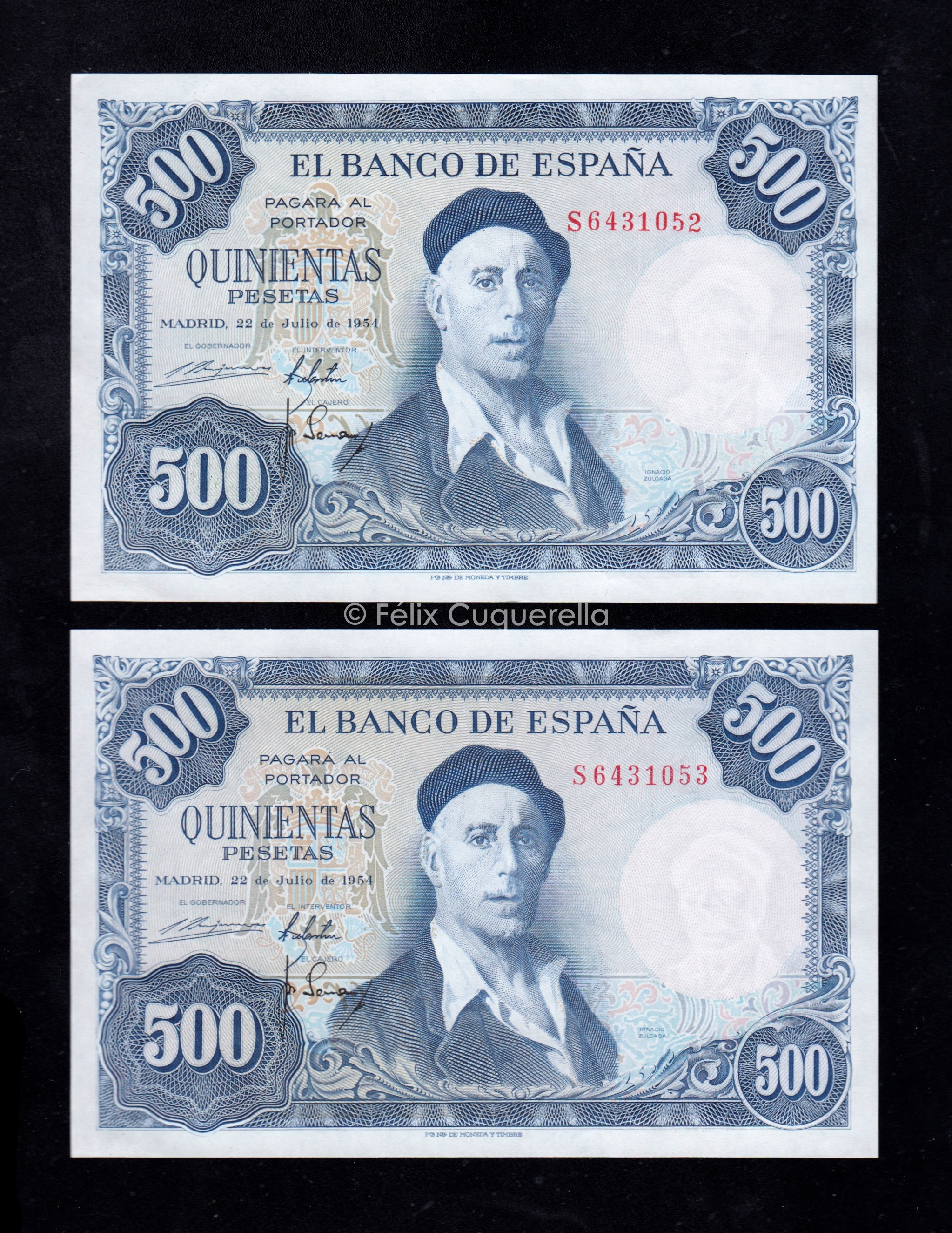 Pareja correlativa 500 Pesetas 1954, serie S, S/C- Pareja correlativa 500 Pesetas 1954, serie S, S/C-