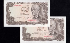Pareja correlativa 100 pesetas 1970, serie A, S/C-