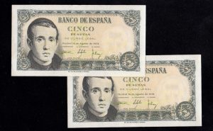 Pareja correlativa 5 pesetas 1951, serie P, S/C-