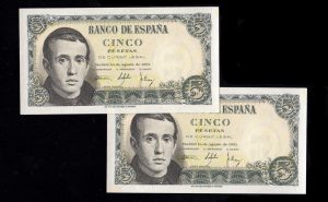 Pareja correlativa 5 pesetas 1951, serie R, S/C-