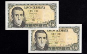 Pareja correlativa 5 pesetas 1951, serie T, S/C-