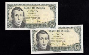 Pareja correlativa 5 pesetas 1951, serie U, S/C-