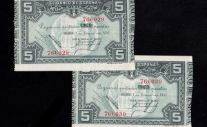 Banco de Bilbao 1937, pareja correlativa 5 pesetas, sin serie, S/C-, banco de Bilbao
