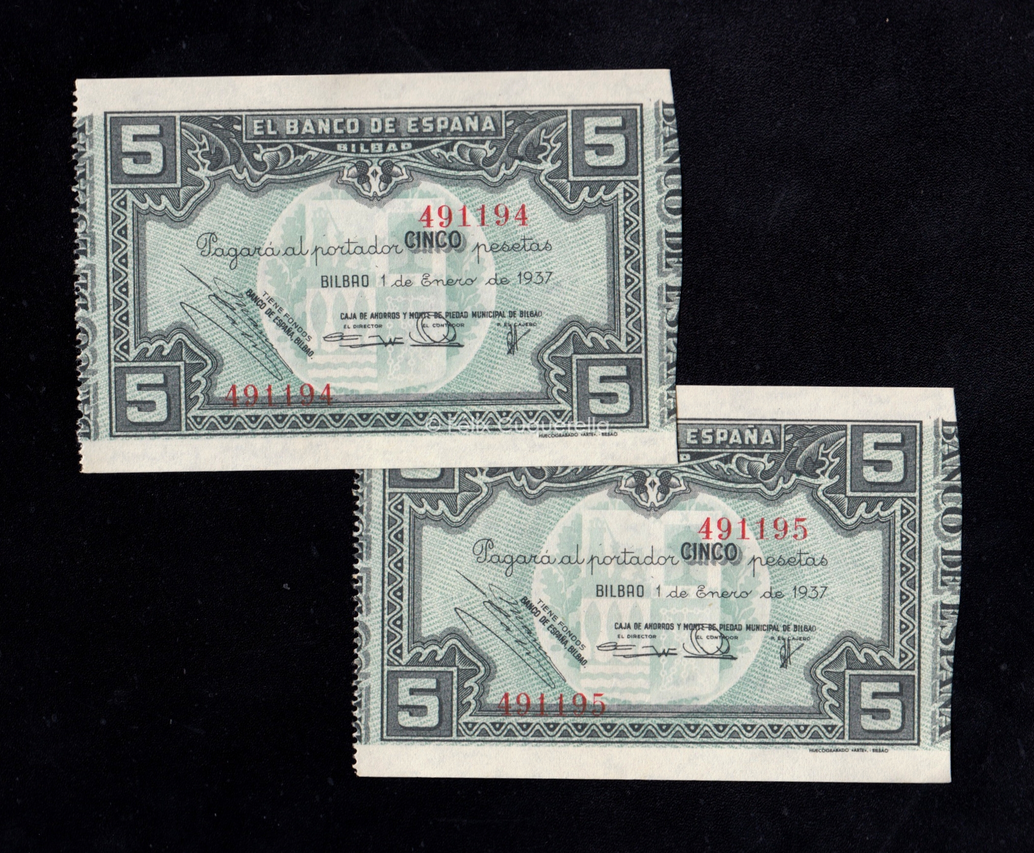 Banco de Bilbao 1937, pareja correlativa 5 pesetas, sin serie, S/C, uno de los billetes capicua, caja de ahorros y monte de piedad de Bilbao Banco de Bilbao 1937, pareja correlativa 5 pesetas, sin serie, S/C, uno de los billetes capicua, caja de ahorros y monte de piedad de Bilbao