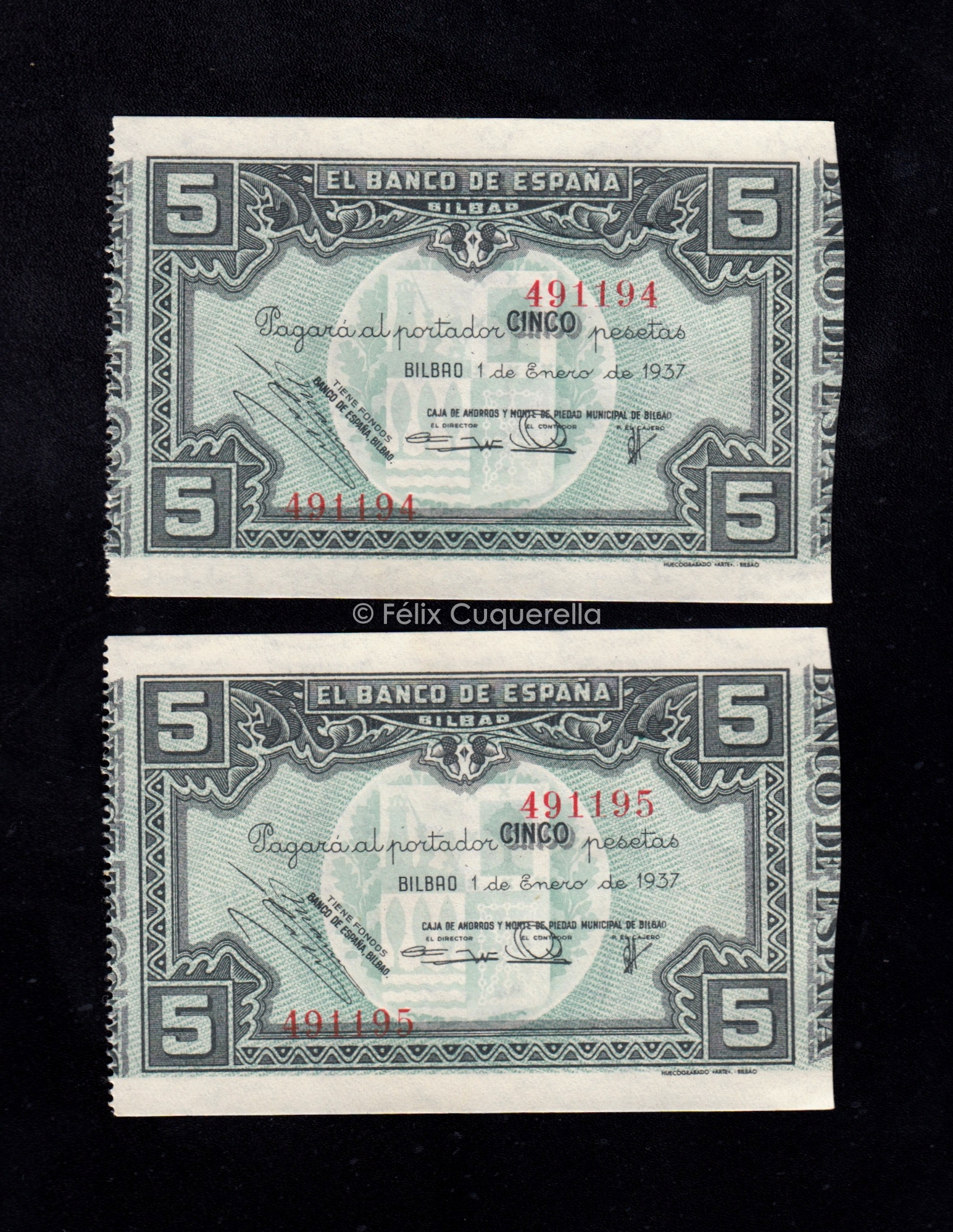 Banco de Bilbao 1937, pareja correlativa 5 pesetas, sin serie, S/C, uno de los billetes capicua, caja de ahorros y monte de piedad de Bilbao Banco de Bilbao 1937, pareja correlativa 5 pesetas, sin serie, S/C, uno de los billetes capicua, caja de ahorros y monte de piedad de Bilbao
