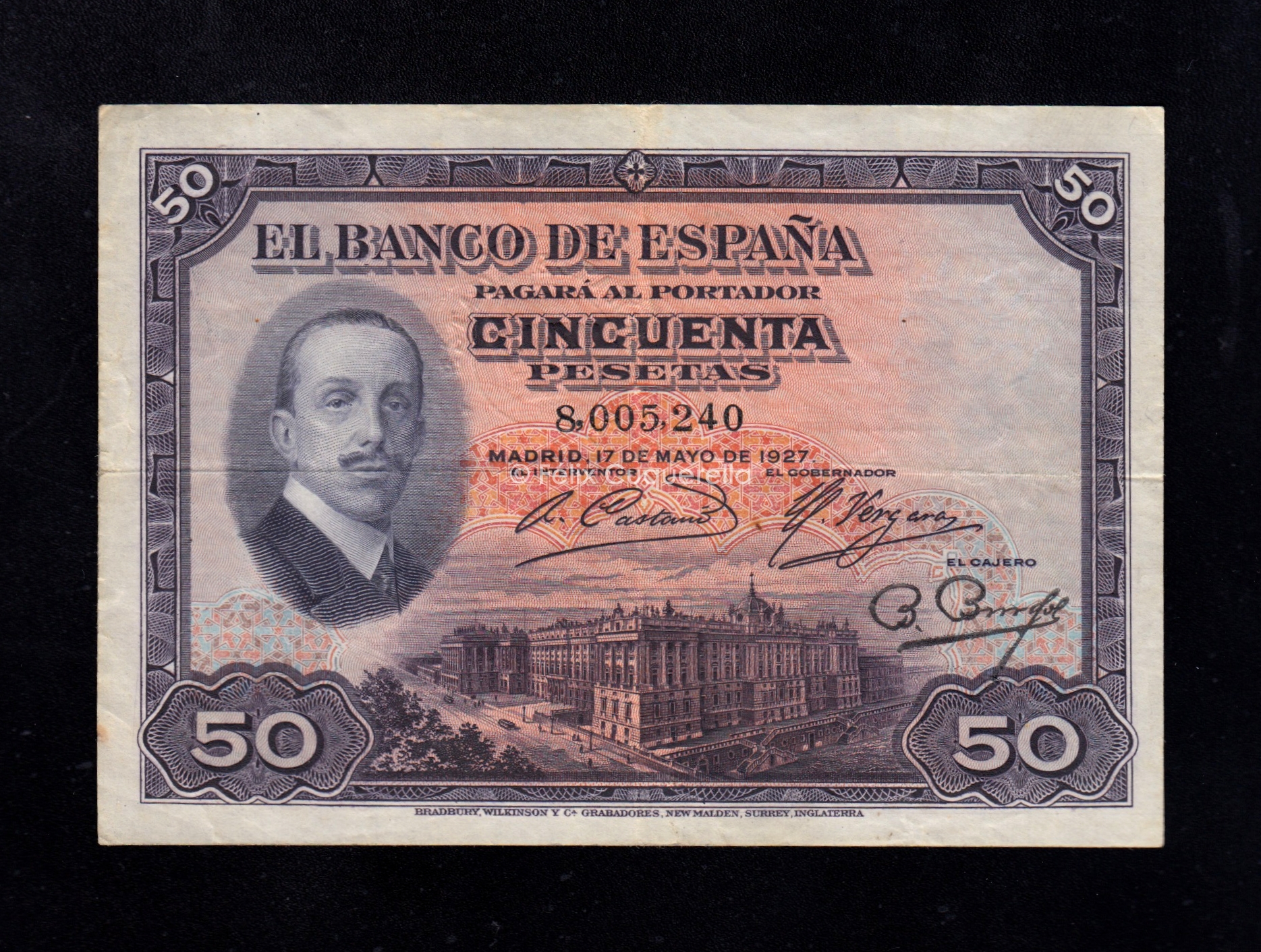 50 Pesetas 1927, sello en seco de Estado Español, MBC- 50 Pesetas 1927, sello en seco de Estado Español, MBC-