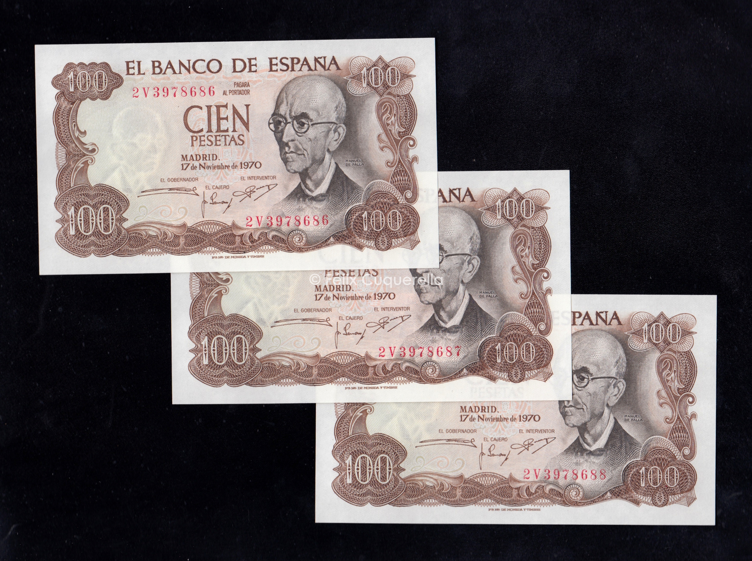 Trío correlativo 100 Pesetas 1970, serie 2V, S/C Trío correlativo 100 Pesetas 1970, serie 2V, S/C