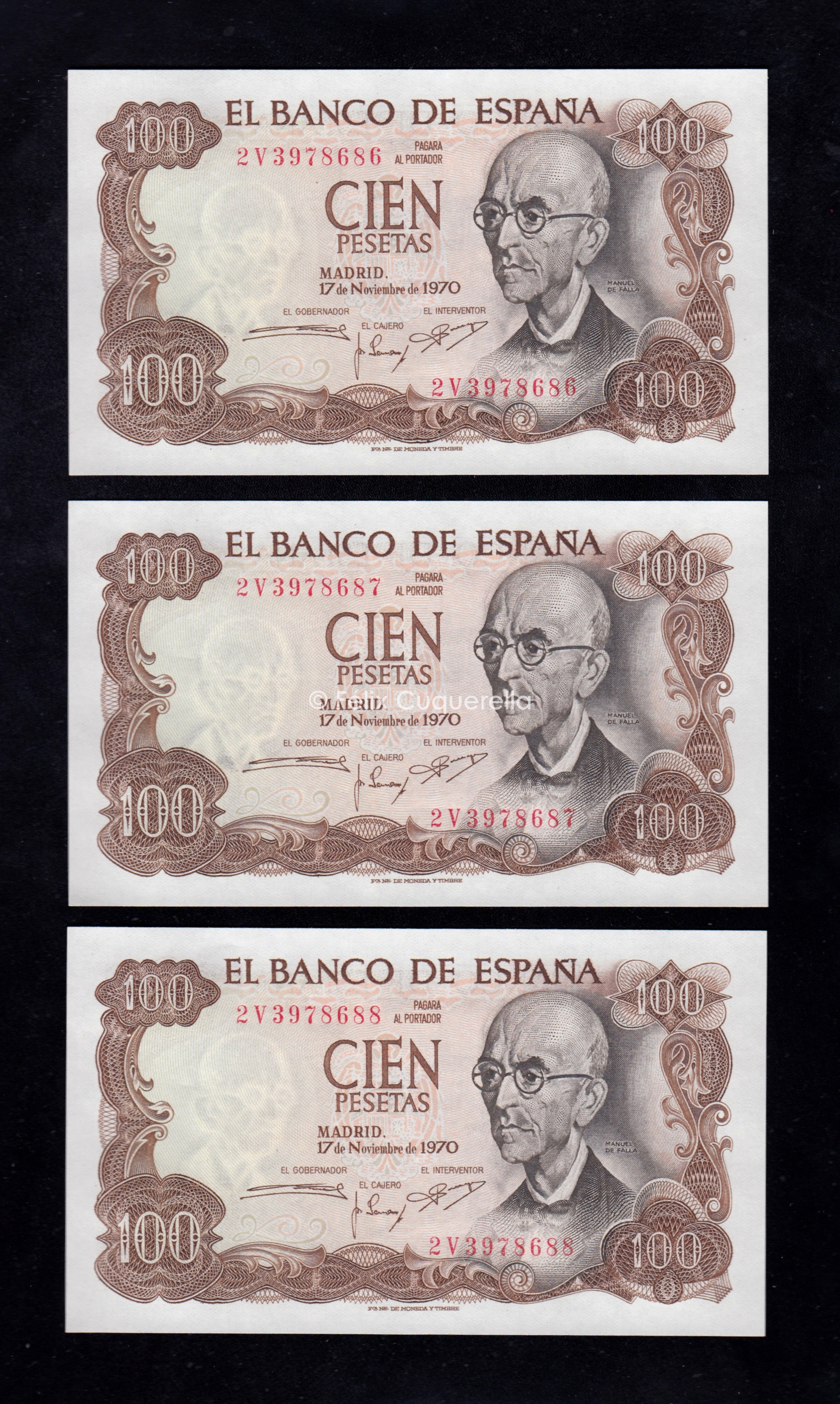 Trío correlativo 100 Pesetas 1970, serie 2V, S/C Trío correlativo 100 Pesetas 1970, serie 2V, S/C