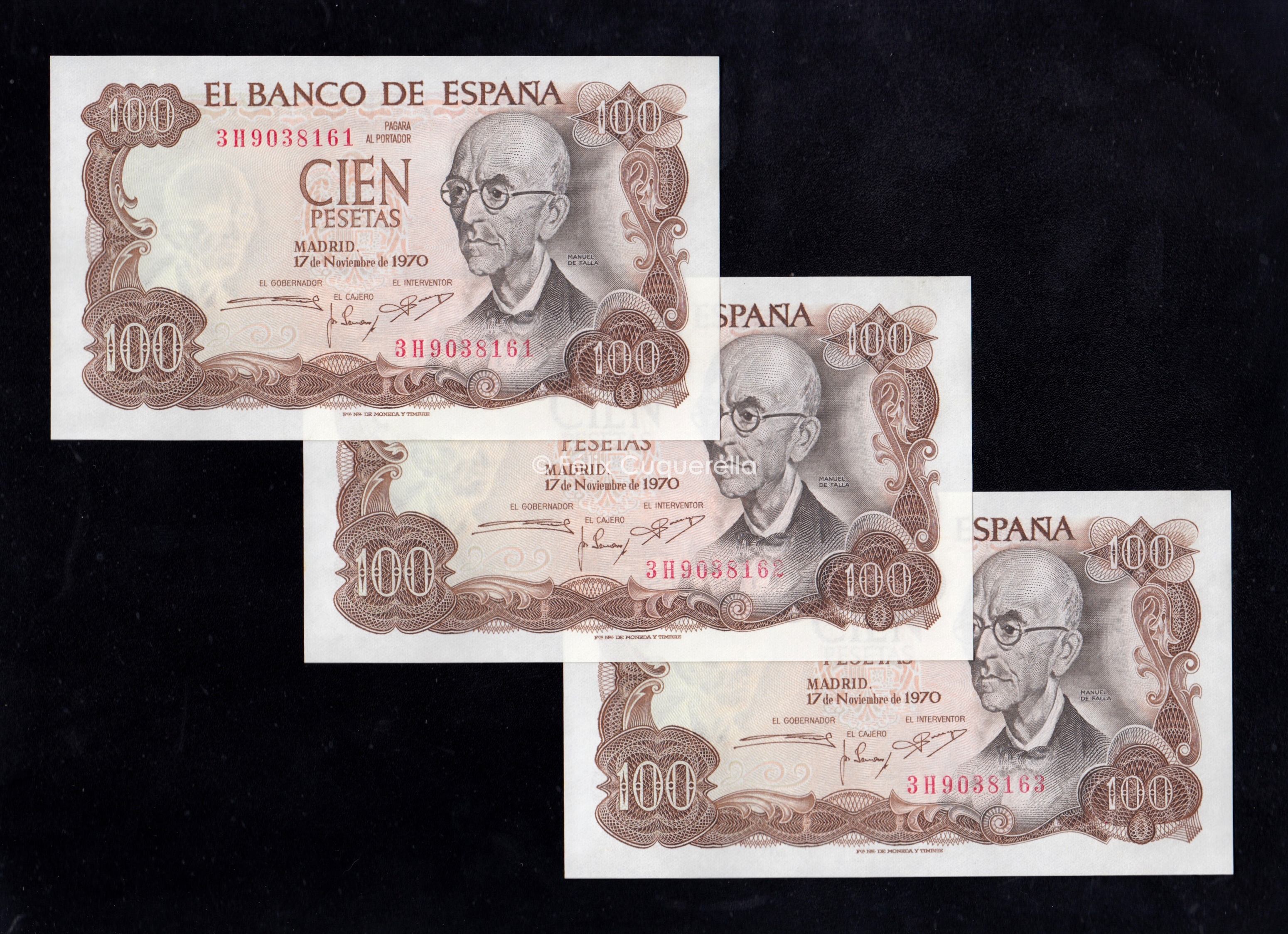 Trío correlativo 100 Pesetas 1970, serie 3H, S/C Trío correlativo 100 Pesetas 1970, serie 3H, S/C