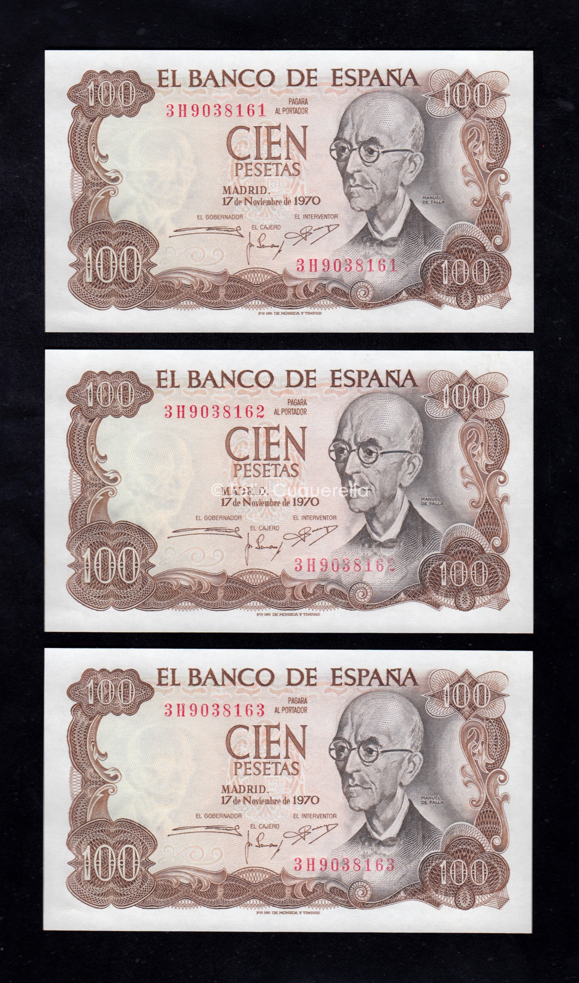 Trío correlativo 100 Pesetas 1970, serie 3H, S/C Trío correlativo 100 Pesetas 1970, serie 3H, S/C